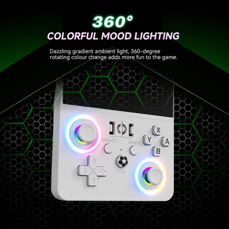 Retro handheld game console with rainbow ring light around joysticks