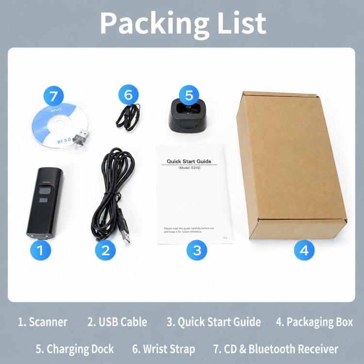 Handheld 2D barcode scanner kit with scan gun, charging dock, cable, guides