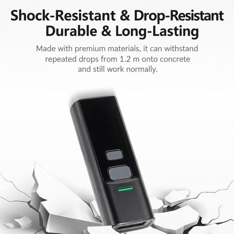 Black handheld barcode scanner with durable body and green indicator strip