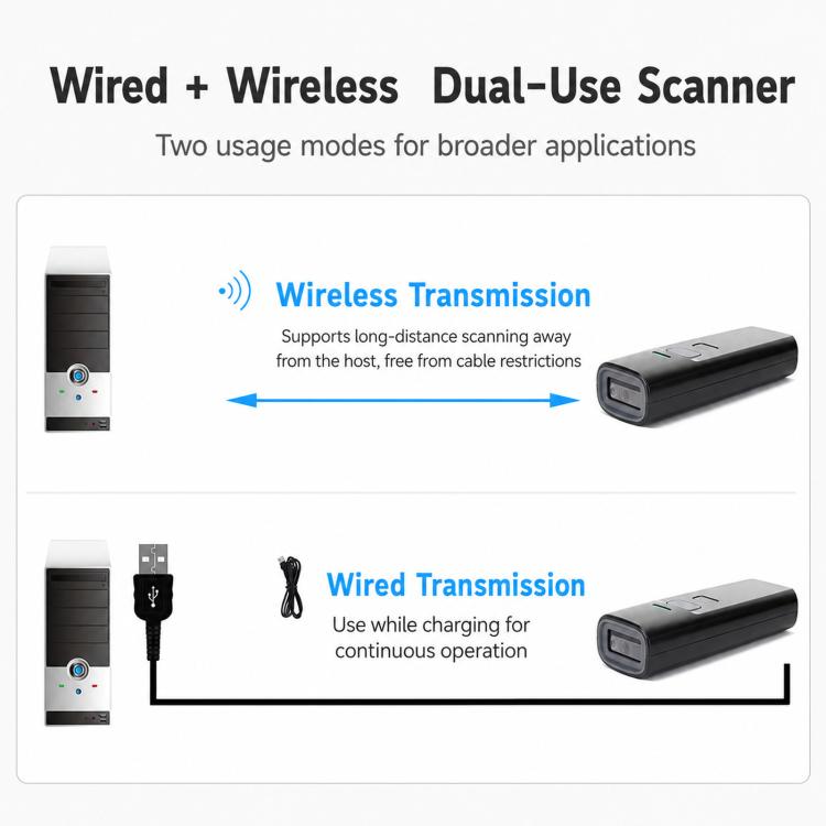 Black handheld 2D barcode scanner with green indicator strip and connection cable