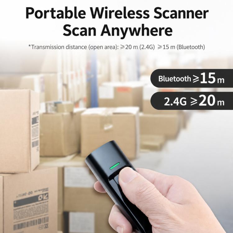 Black handheld 2D barcode scanner held in hand with green status light