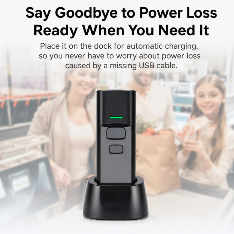 Black handheld 2D barcode scanner on charging dock with green indicator