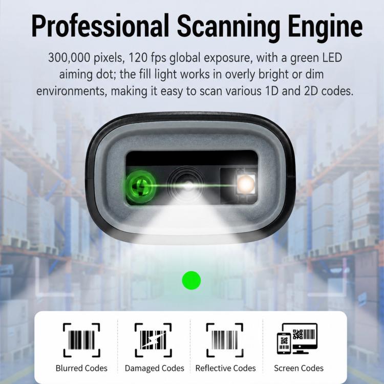 Front scanning window of black 2D barcode scanner with green aiming dot