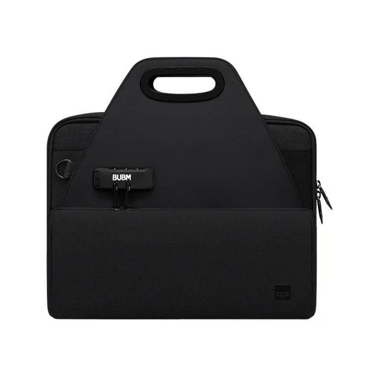 Black lockable document organizer bag with top handle and combination lock dials