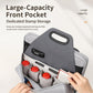 Gray organizer bag open to front pocket with pen holders and stamp/ID compartments