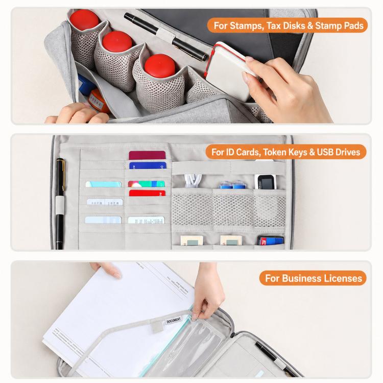 Open gray organizer bag with pen sleeves and multiple card and document slots