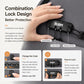 Gray organizer bag close-up of combination lock with reset and release buttons