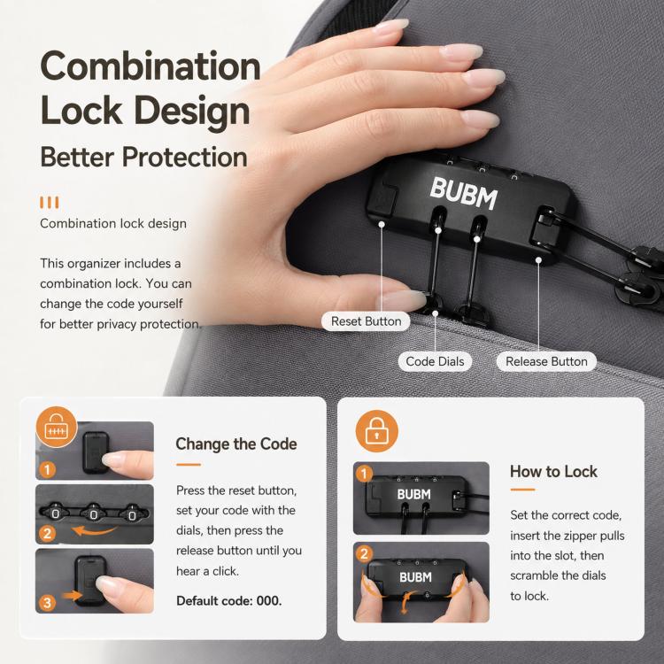 Gray organizer bag close-up of combination lock with reset and release buttons