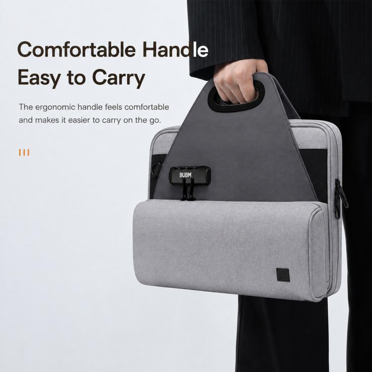 Gray lockable organizer bag carried by wide top handle with secure zipper closure