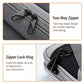 Gray organizer bag close-up showing two-way zipper and zipper lock ring