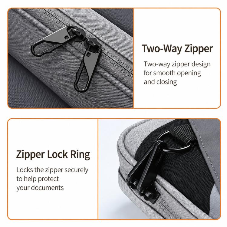 Gray organizer bag close-up showing two-way zipper and zipper lock ring