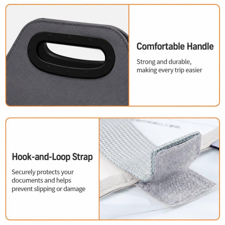 Gray lockable document organizer bag with black carry handle and hook-and-loop strap
