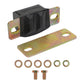 Rear transmission mount bracket with black bushing and iridescent steel mounting plates