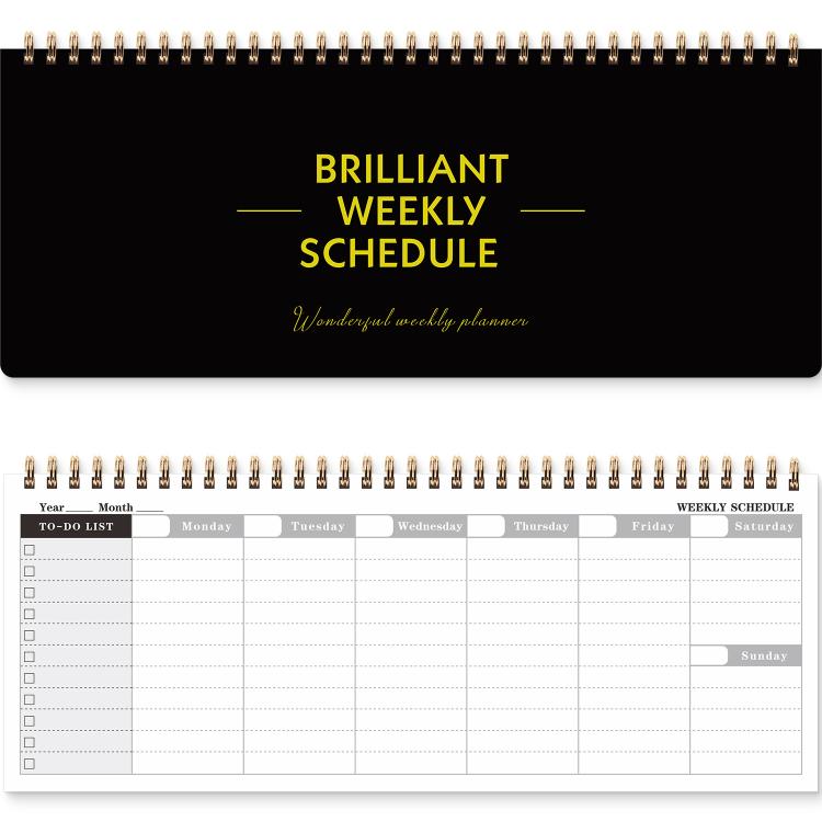 Black undated weekly planner pad with gold spiral binding and weekly schedule layout