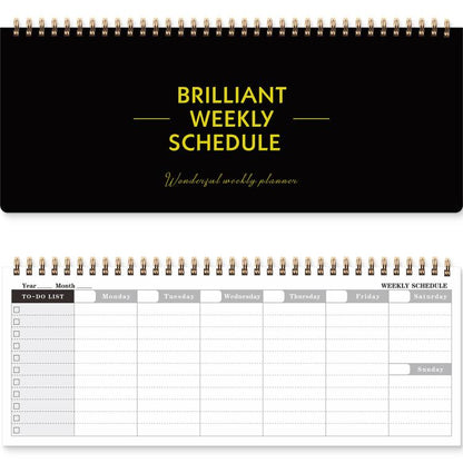 Black undated weekly planner pad with gold spiral binding and weekly schedule layout