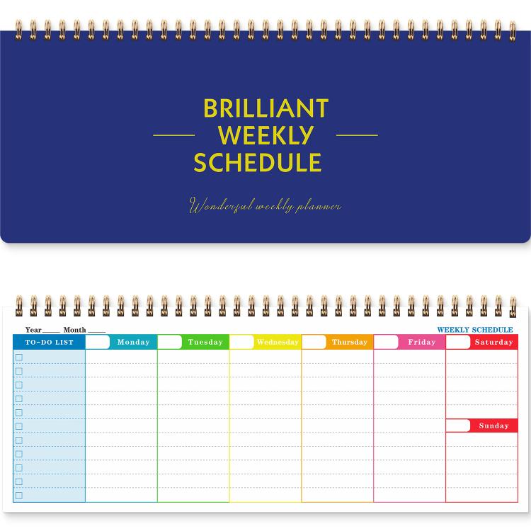 Blue undated weekly planner pad with gold spiral binding and weekly schedule layout