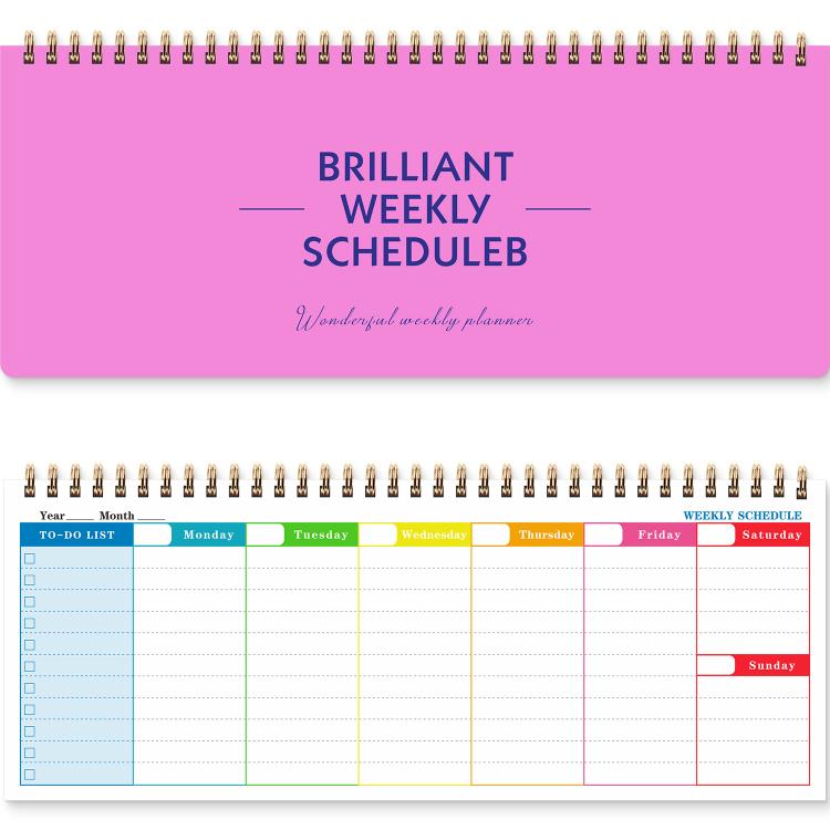 Rose red undated weekly planner pad with gold spiral binding and weekly schedule layout