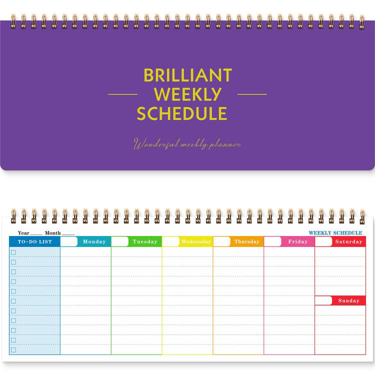 Purple undated weekly planner pad with gold spiral binding and weekly schedule layout