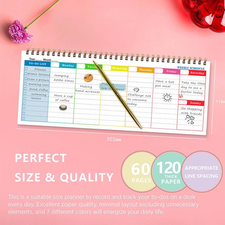 Pink undated weekly planner pad with gold spiral binding and colorful weekly to-do pages