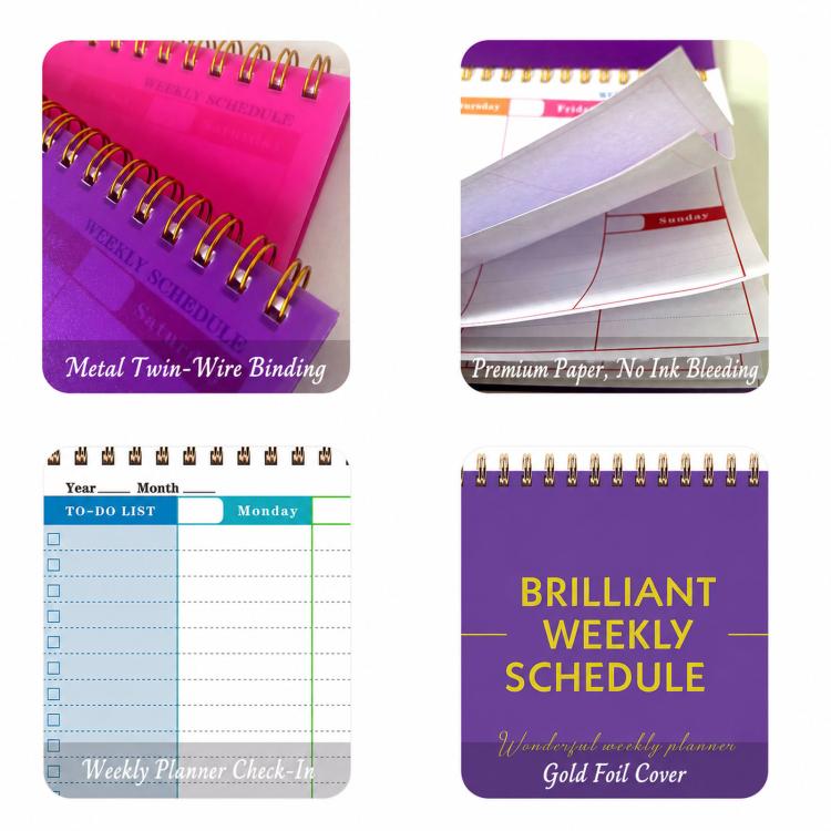 Undated weekly planner pad with metal twin-wire binding and colorful weekly schedule pages