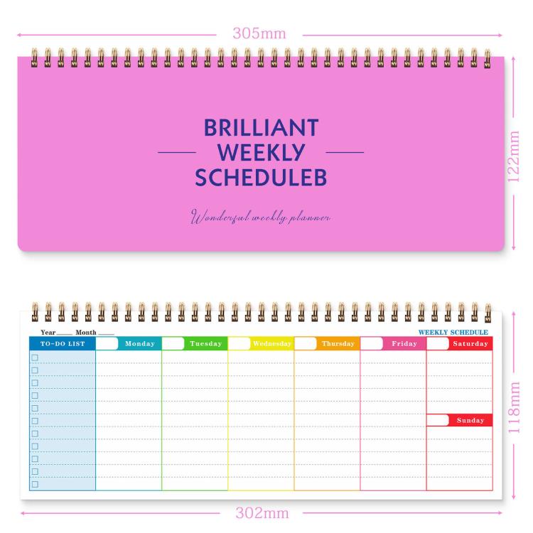 Pink undated weekly planner pad with gold spiral binding and colorful weekly schedule grid