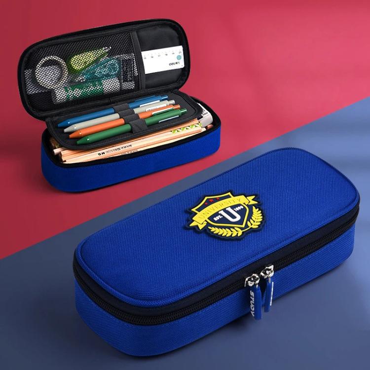 Navy-blue large pencil case with black mesh organizer and zip closure