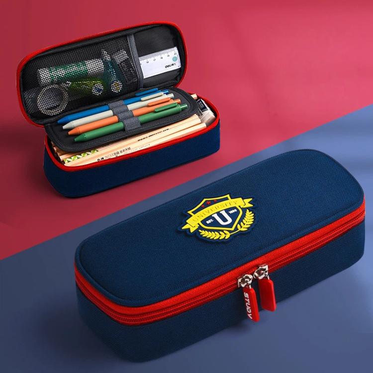 Navy-blue pencil case with red zipper trim and U crest patch, zip closure
