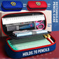 Navy-blue pencil case open with mesh pocket and elastic pen slots, red-trim zipper