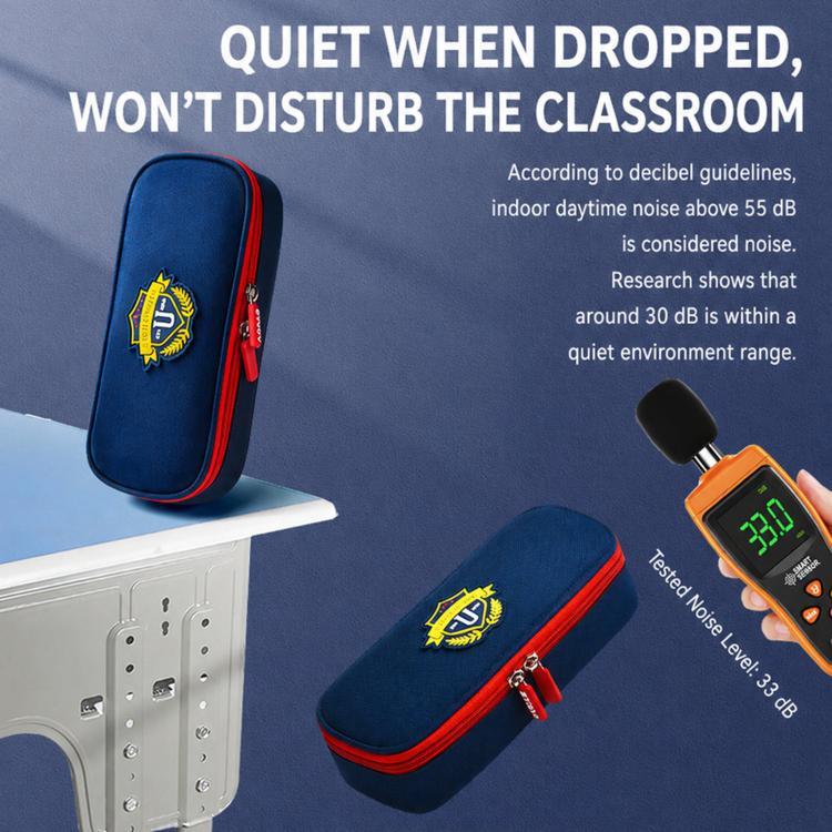 Navy-blue pencil case with U crest patch and red zipper trim, compact shape