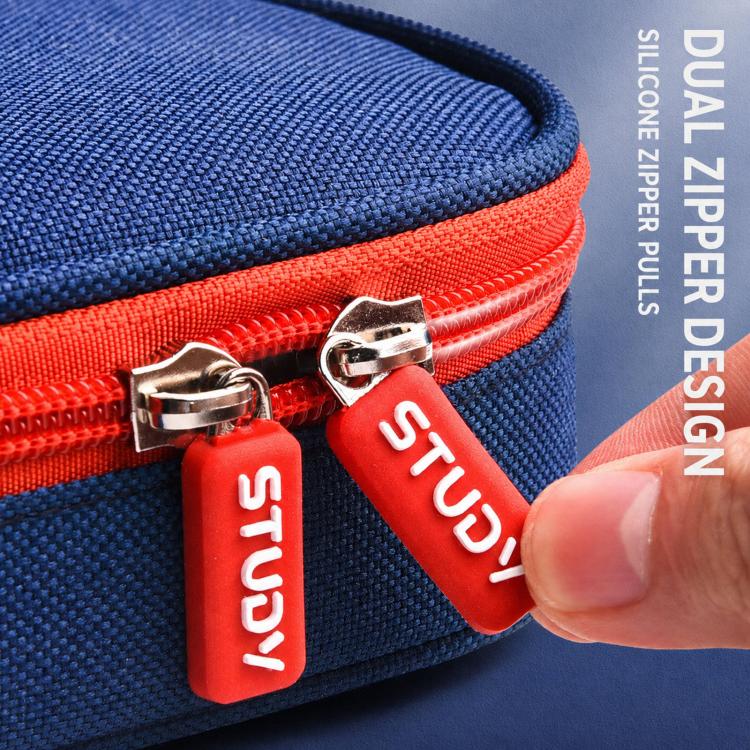 Blue pencil case close-up: red zipper pulls and metal zipper hardware