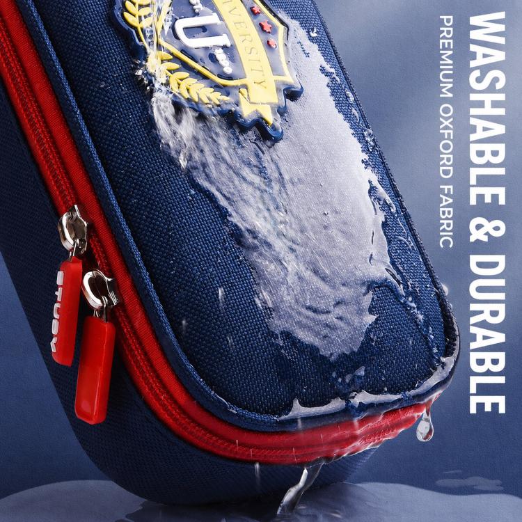 Navy-blue pencil case close-up with distressed graphic, red-trim zipper and pulls