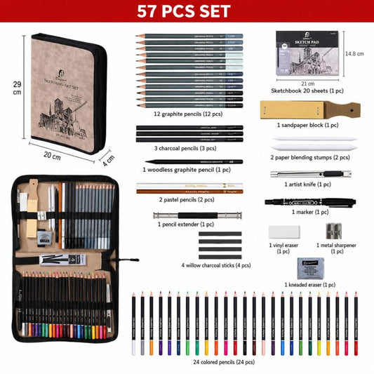 Zippered suede nubuck sketching-art set case with 57 colored pencils and tools