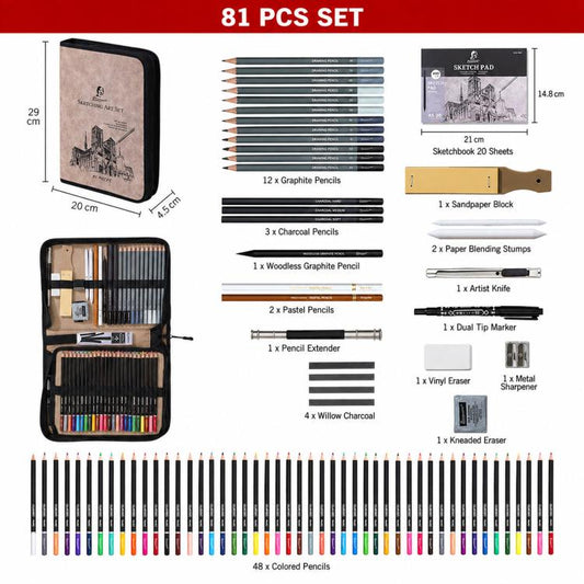Zippered sketching-art set case with 81-piece pencil and drawing kit