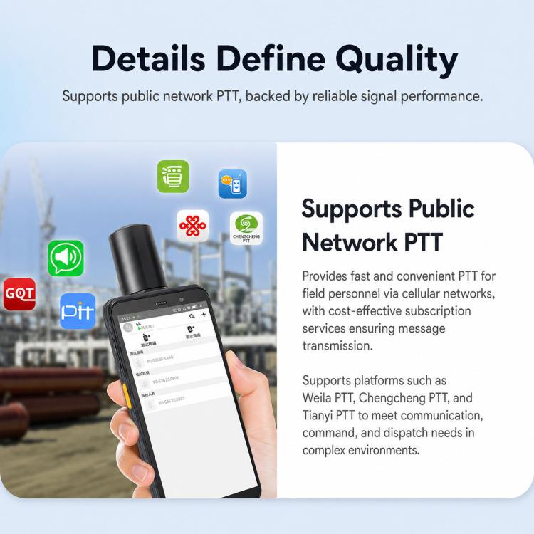 Android handheld terminal with touchscreen showing public network PTT options, black