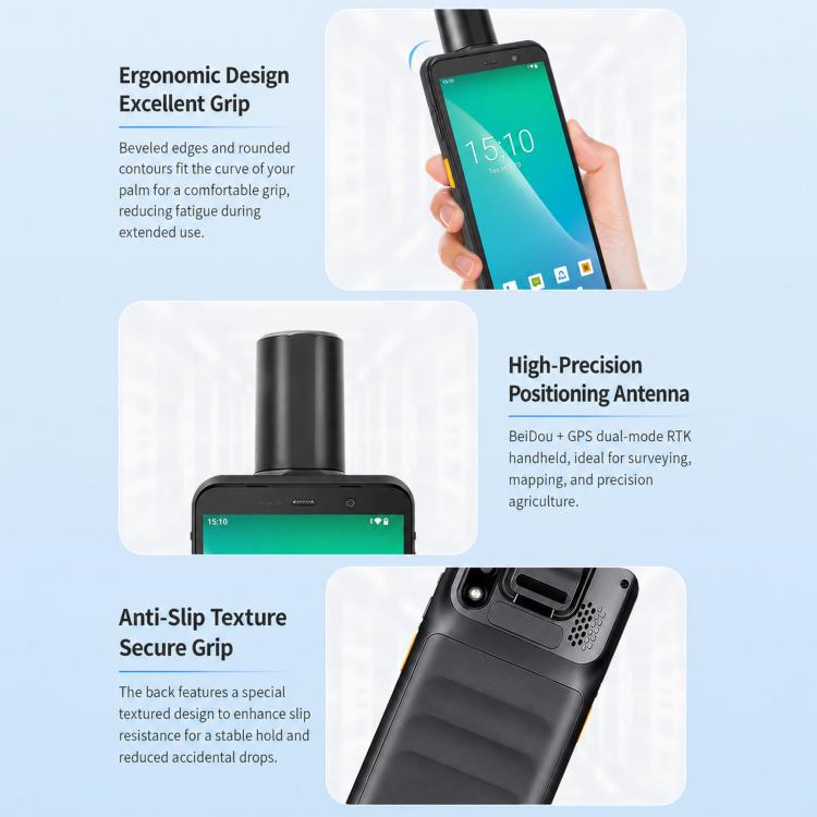 Android handheld mapping terminal with ergonomic grip, antenna base, and textured back, black