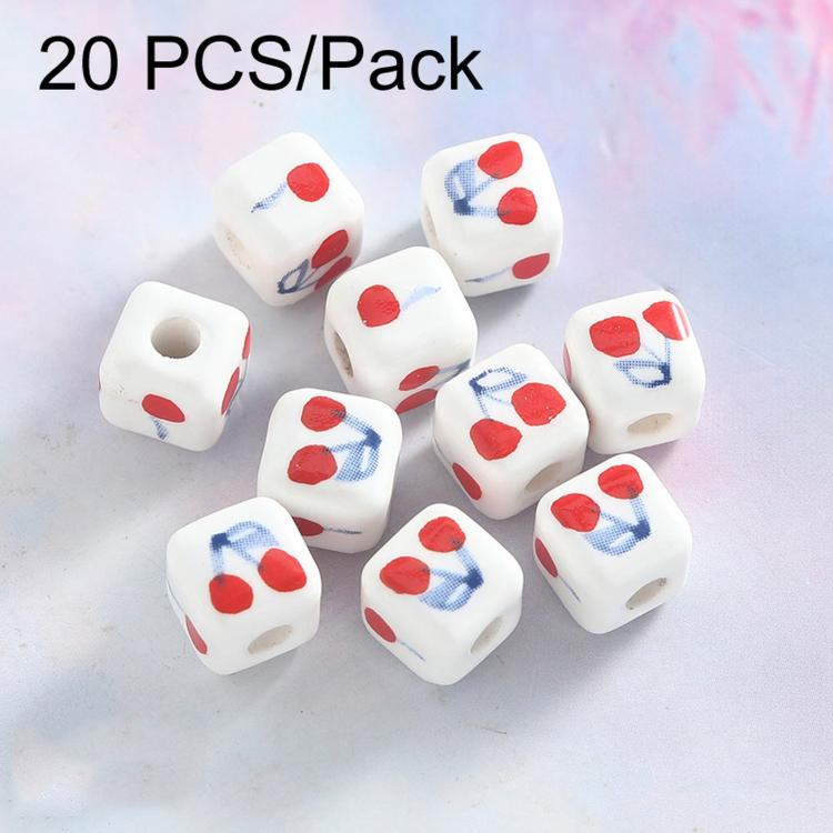 Square ceramic loose beads with cherry and blue bow prints, large-hole DIY set of 20.