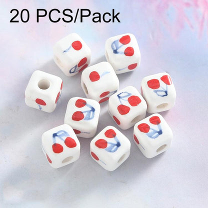 Square ceramic loose beads with cherry and blue bow prints, large-hole DIY set of 20.