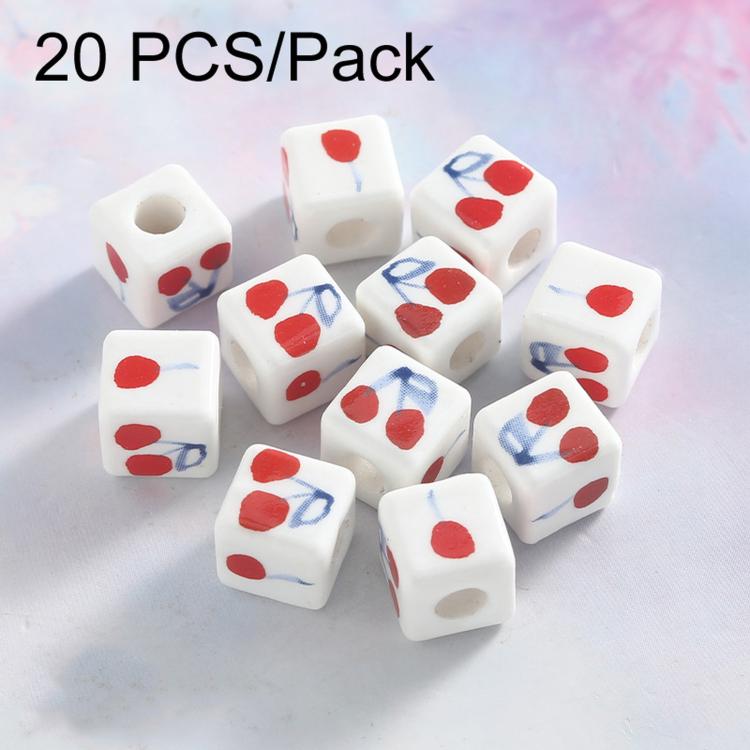 Pack of square white ceramic beads with red cherry and blue bow designs, large-hole DIY.