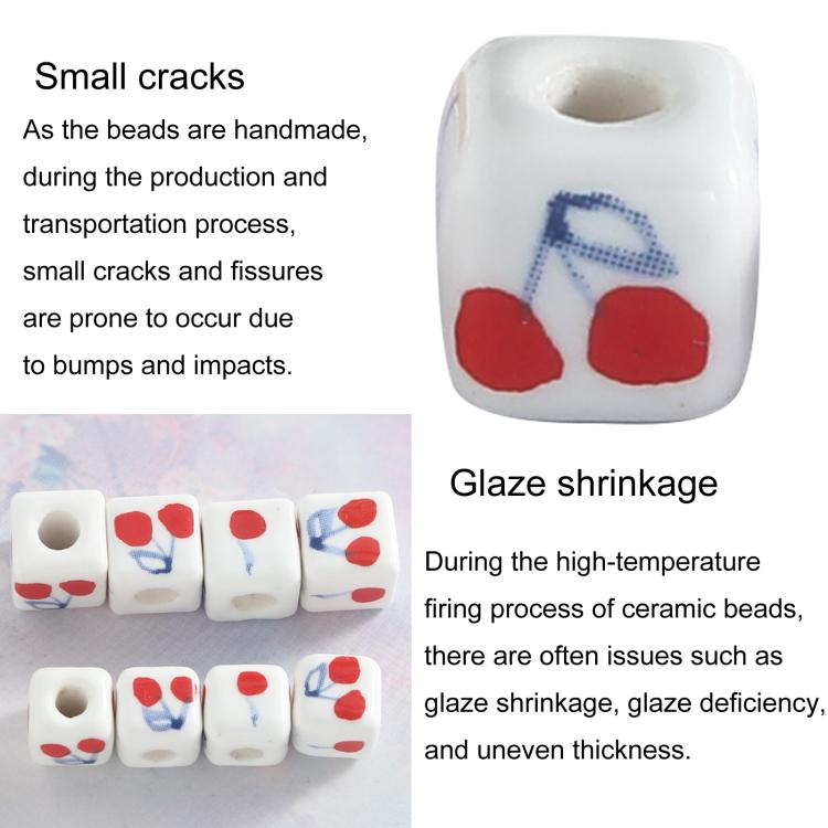 Square white ceramic beads with red cherries and blue bow, large-hole; small surface cracks.