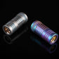 Mini rechargeable LED keychain flashlight pair, silver and purple iridescent metal bodies
