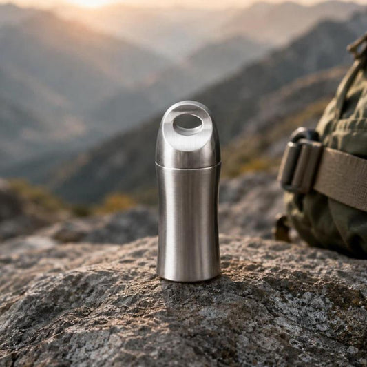 Mini titanium medicine container with open cap, stonewashed finish, cylindrical design