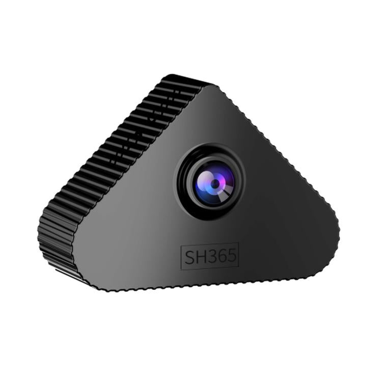 Triangular indoor security camera with black housing and circular lens