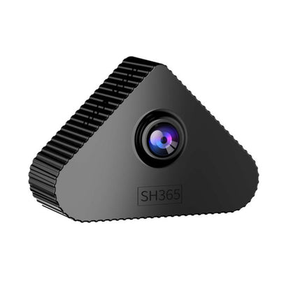 Triangular indoor security camera with black housing and circular lens