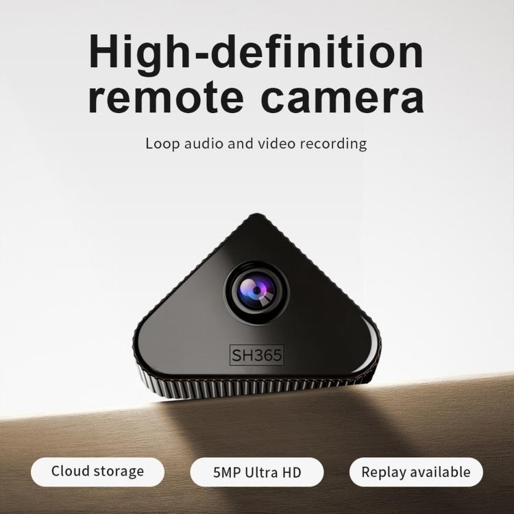 Black triangular indoor security camera with visible lens, on a tabletop