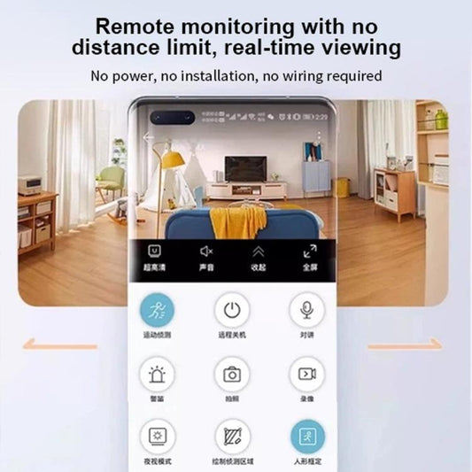 Smartphone displaying indoor security camera live view and on-screen controls