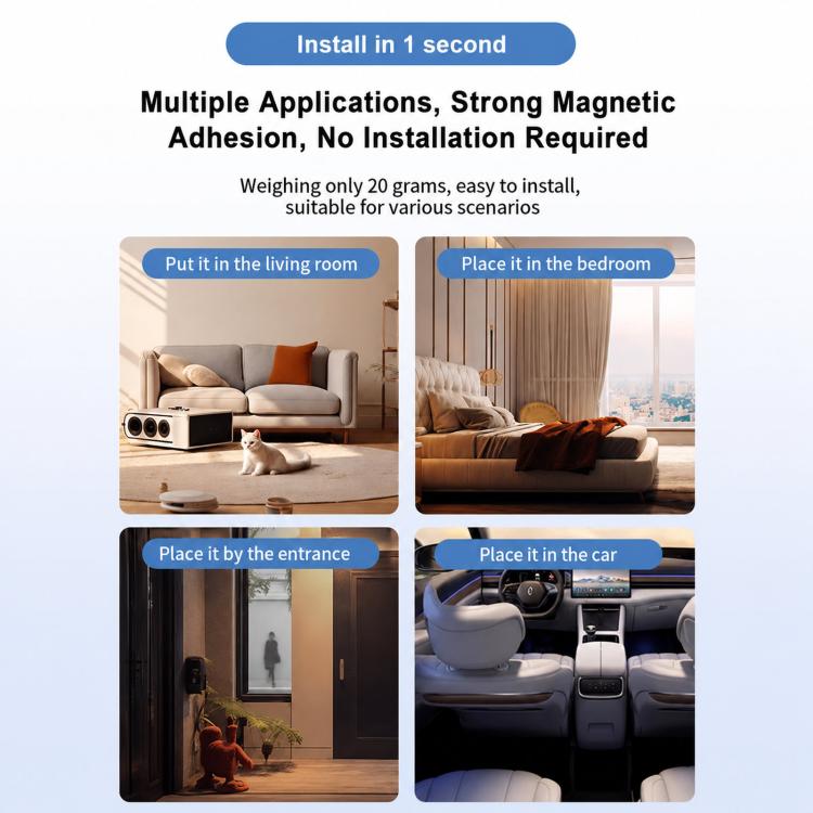 Indoor security camera shown on multiple surfaces with magnetic mount