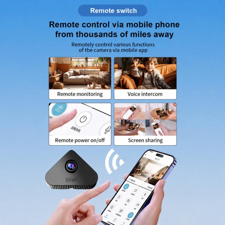 Hand holding a phone with remote controls for an indoor security camera