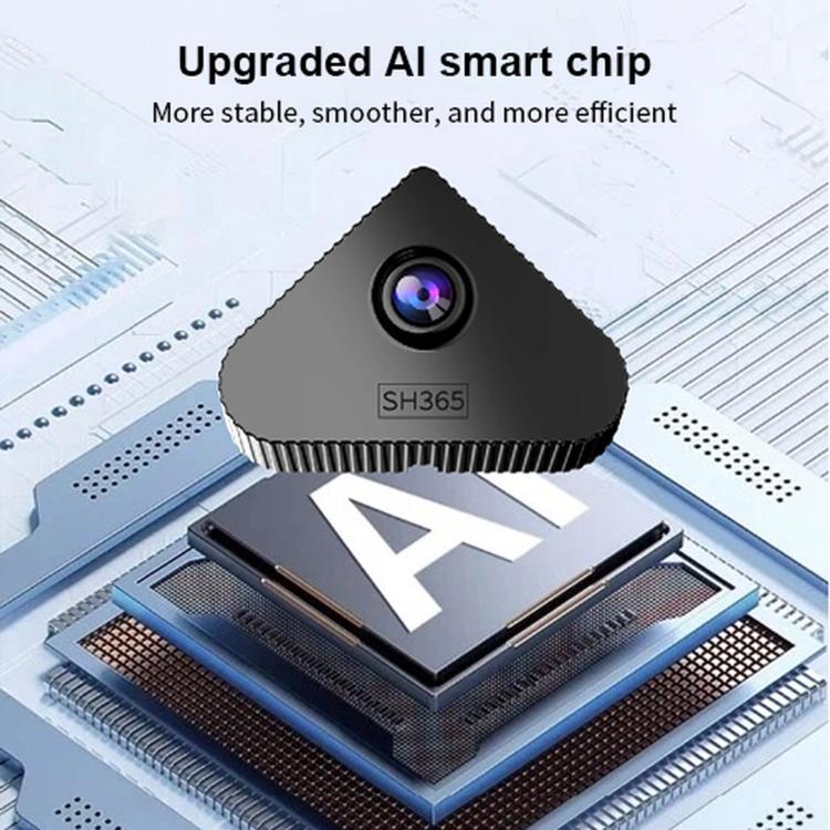 Triangular indoor security camera with lens above a chip-style circuit graphic