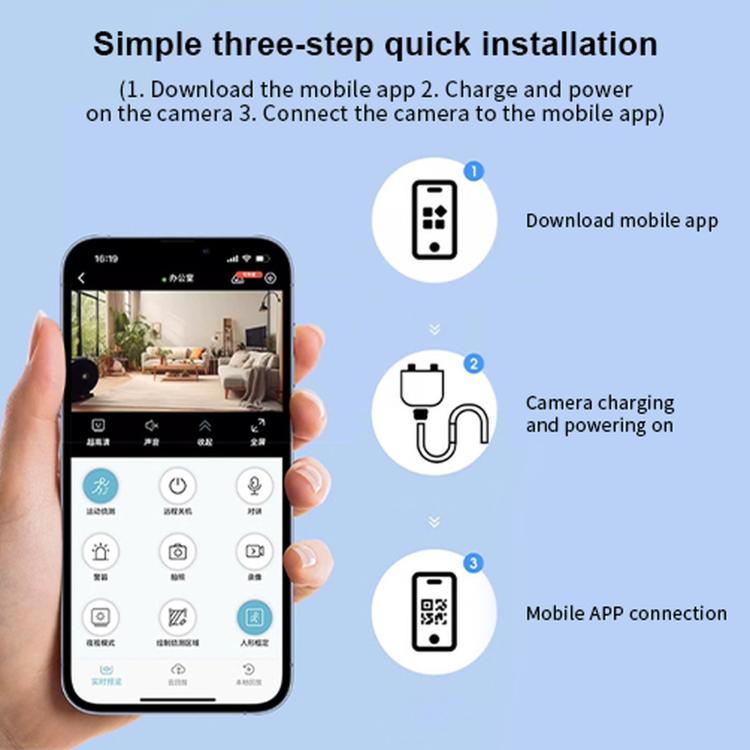 Phone showing three-step quick installation for an indoor security camera