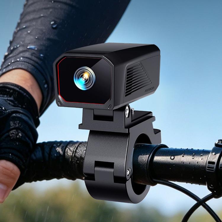 Motorcycle dash cam with front lens and handlebar mounting bracket, black
